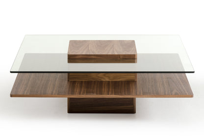 39" Clear and Brown Glass and Wood Pedestal Coffee Table With Shelf