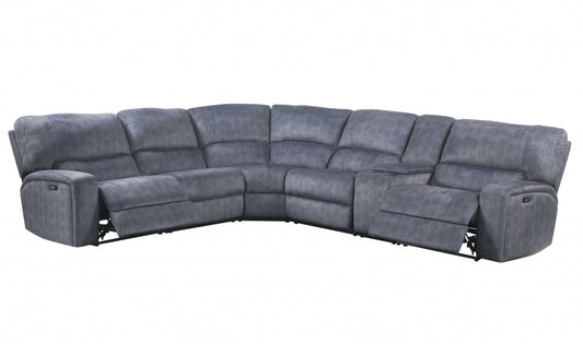 Slate Blue Velvet Power Reclining L Shaped Six Piece Corner Sectional With Console