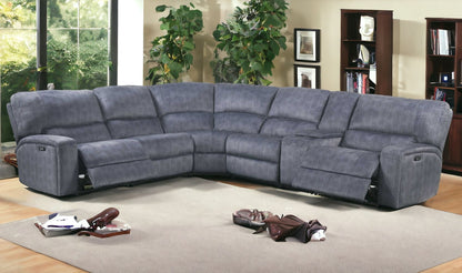 Slate Blue Velvet Power Reclining L Shaped Six Piece Corner Sectional With Console