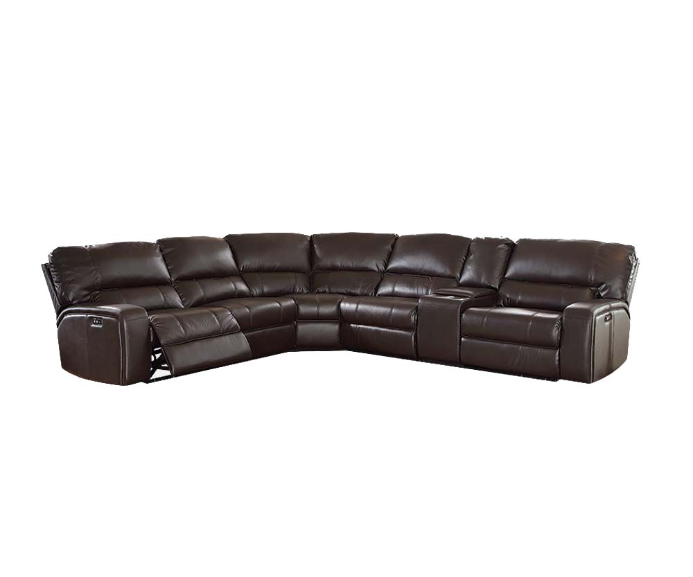 Espresso Faux Leather Power Reclining L Shaped Six Piece Corner Sectional With Console