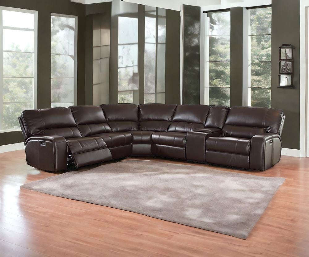 Espresso Faux Leather Power Reclining L Shaped Six Piece Corner Sectional With Console