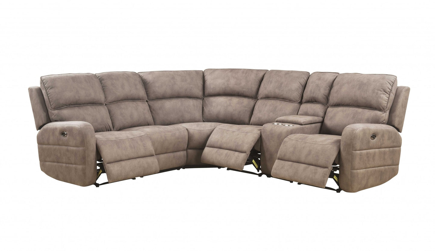 Brown Genuine Leather Power Reclining L Shaped Six Piece Corner Sectional With Console