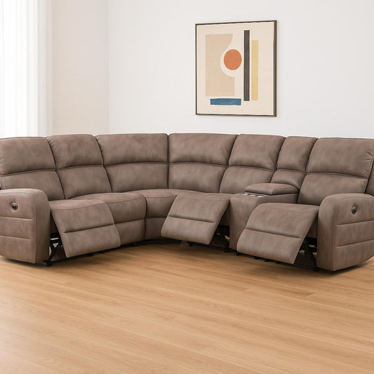 Brown Genuine Leather Power Reclining L Shaped Six Piece Corner Sectional With Console
