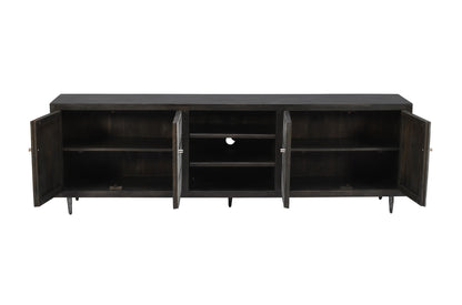 92" Dark Brown Carved Geometric Distressed Solid Wood Enclosed and Open Storage TV Stand