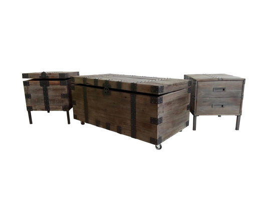 Set of Three Brown Wood and Metal Distressed Trunk Coffee Table and End Side Tables
