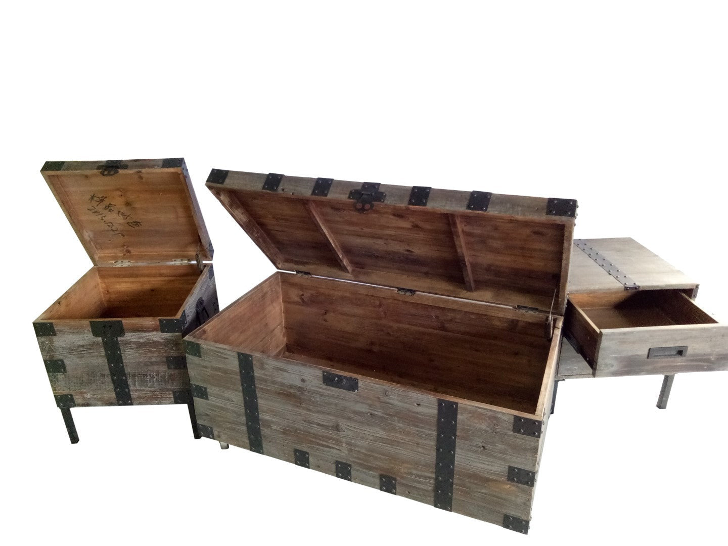 Set of Three Brown Wood and Metal Distressed Trunk Coffee Table and End Side Tables
