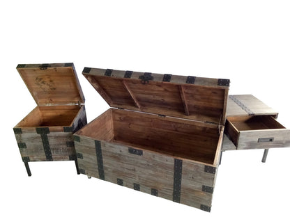 Set of Three Brown Wood and Metal Distressed Trunk Coffee Table and End Side Tables