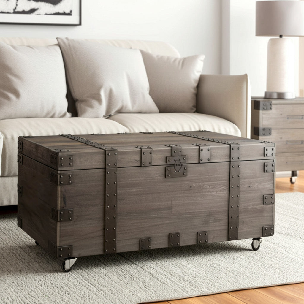 Set of Three Brown Wood and Metal Distressed Trunk Coffee Table and End Side Tables