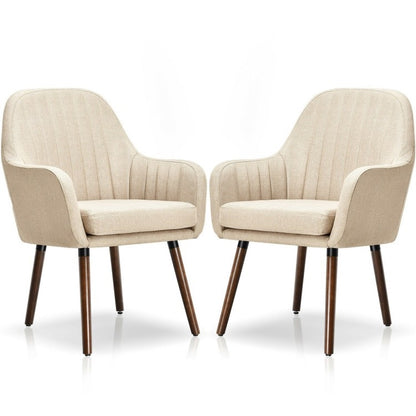 Set of 2 Retro Off-White Linen Upholstered Accent Chair with Stylish Wood Legs
