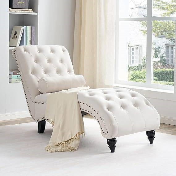 Plush Upholstered Tufted Armless Chaise Lounge Chair w/ Pillow Cream