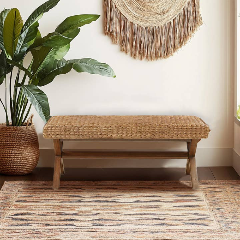 Seagrass Woven Farmhouse Rustic Boho Bench