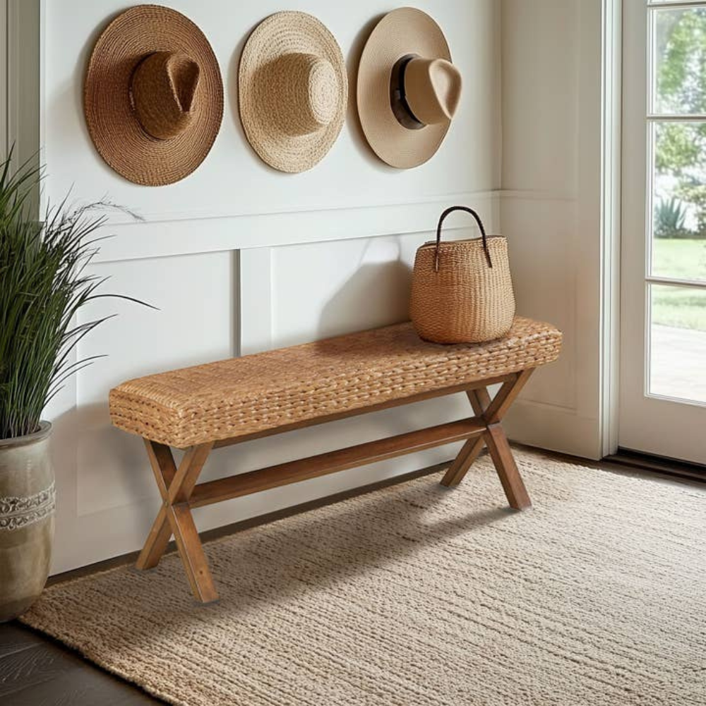 Seagrass Woven Farmhouse Rustic Boho Bench