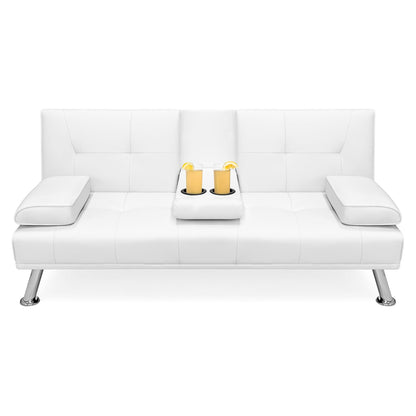 White Faux Leather Convertible Sofa Futon with 2 Cup Holders