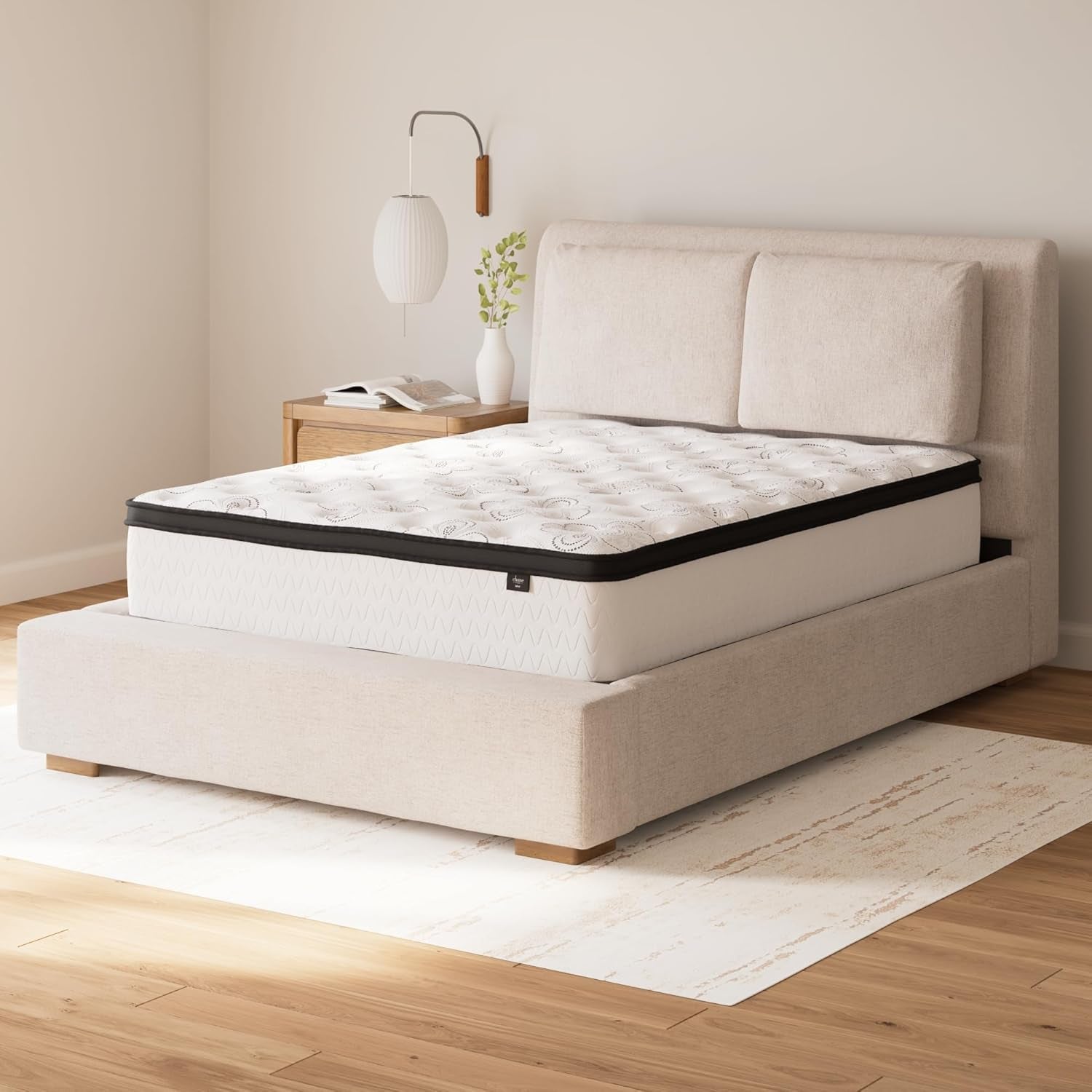 Queen 12 inch Cooling Gel Hybrid Mattress in bedroom setting