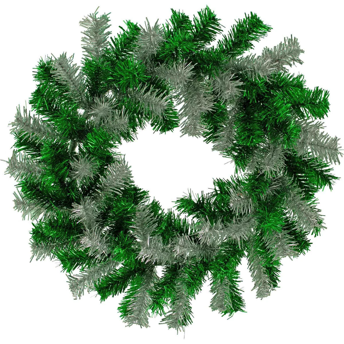 GREEN AND SILVER TINSEL CHRISTMAS WREATHS